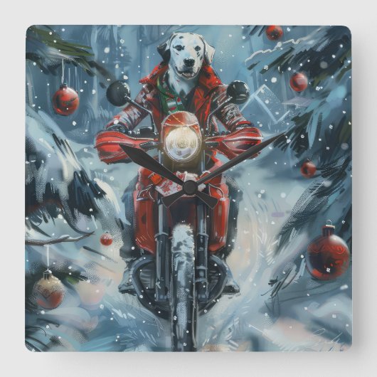 Dalmatiner Dog Riding Motorrad Weihnachten Quadratische Wanduhr (Vorderseite)