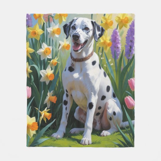 Dalmatiner Dog Spring Blumen Malerei Fleecedecke (Vorderseite)