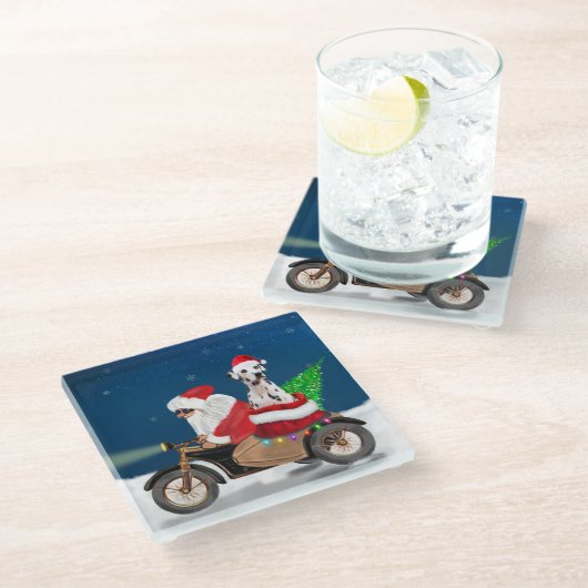 Dalmatiner Dog Weihnachtsmann Glasuntersetzer (Schrägansicht)