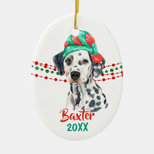 Dalmatiner Dog Weihnachtsmannmütze Holiday String Keramik Ornament (Vorne)