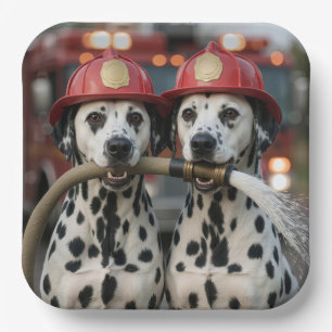 Dalmatiner halten einen Feuerwehrschlauch Pappteller