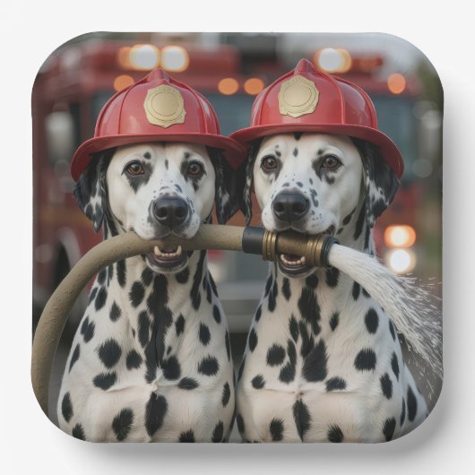 Dalmatiner halten einen Feuerwehrschlauch Pappteller (Vorderseite)