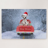 Dalmatiner Hund im Schnee sitzen im Weihnachtswage Puzzle (Horizontal)
