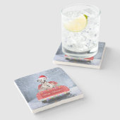 Dalmatiner Hund im Schnee sitzen im Weihnachtswage Steinuntersetzer (Seitenansicht)