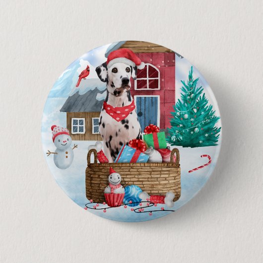 Dalmatiner Hund im Schnee Weihnachtshundehaus Button (Vorderseite)