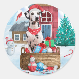 Dalmatiner Hund im Schnee Weihnachtshundehaus Runder Aufkleber