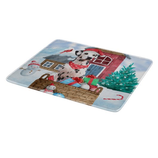Dalmatiner Hund im Schnee Weihnachtshundehaus Schneidebrett (Ecke)