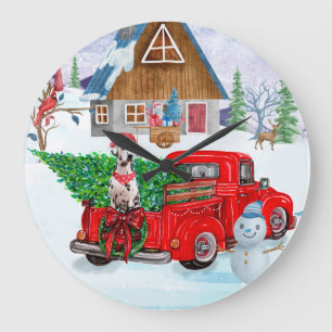 Dalmatiner Hund im Weihnachtslieferwagen Schnee Große Wanduhr