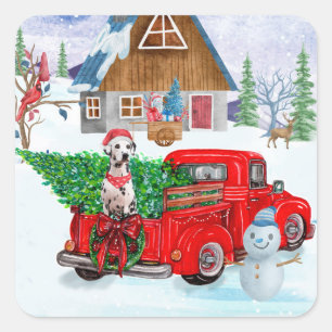 Dalmatiner-Hund im Weihnachtslieferwagen Schnee Quadratischer Aufkleber