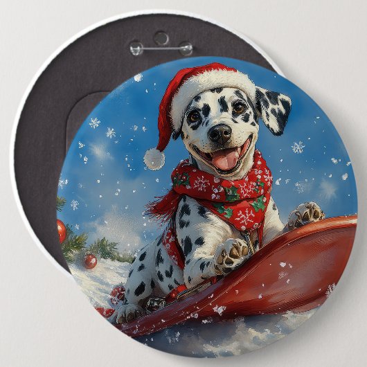 Dalmatiner Hund in Sledge Lass es Schnee Weihnacht Button (Vorne & Hinten)