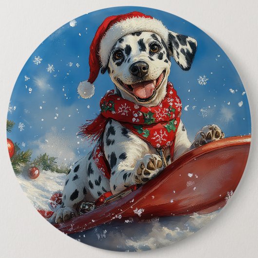 Dalmatiner Hund in Sledge Lass es Schnee Weihnacht Button (Vorderseite)