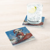 Dalmatiner Hund in Sledge Lass es Schnee Weihnacht Glasuntersetzer (Schrägansicht)