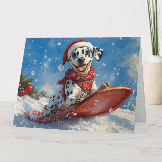 Dalmatiner Hund in Sledge Lass es Schnee Weihnacht Karte (Vorderseite)