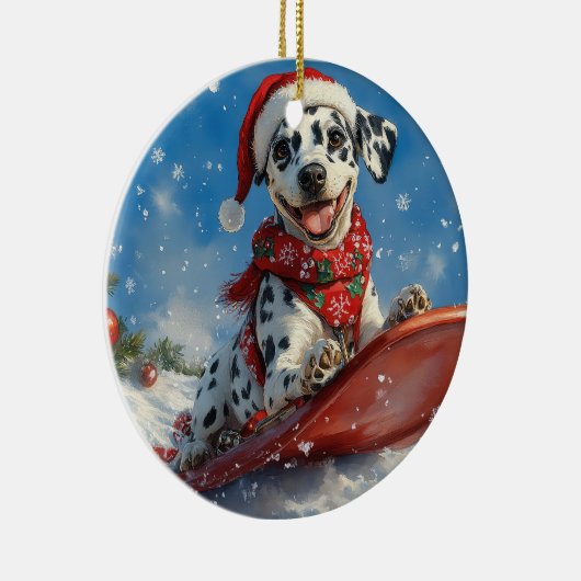 Dalmatiner Hund in Sledge Lass es Schnee Weihnacht Keramik Ornament (Rechts)