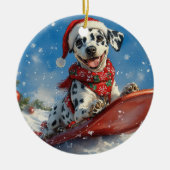 Dalmatiner Hund in Sledge Lass es Schnee Weihnacht Keramik Ornament (Vorne)