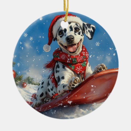 Dalmatiner Hund in Sledge Lass es Schnee Weihnacht Keramik Ornament (Vorne)