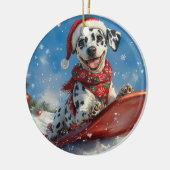 Dalmatiner Hund in Sledge Lass es Schnee Weihnacht Keramik Ornament (Links)