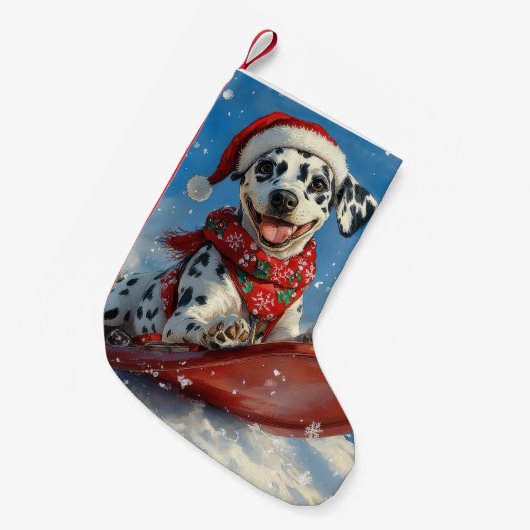 Dalmatiner Hund in Sledge Lass es Schnee Weihnacht Kleiner Weihnachtsstrumpf (Vorderansicht (hängend))