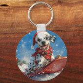 Dalmatiner Hund in Sledge Lass es Schnee Weihnacht Schlüsselanhänger (Rückseite)