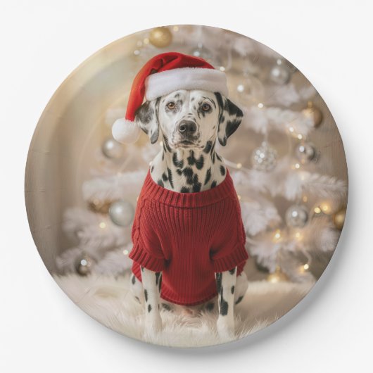 Dalmatiner-Hund mit rotem Weihnachtspullover Pappteller (Vorderseite)