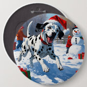 Dalmatiner läuft im Schnee mit Weihnachtshut Button (Vorne & Hinten)
