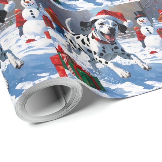 Dalmatiner läuft im Schnee mit Weihnachtshut Geschenkpapier (Rolleneckpunkt)
