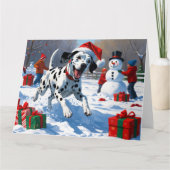 Dalmatiner läuft im Schnee mit Weihnachtshut Karte (Vorderseite)