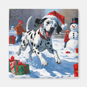 Dalmatiner läuft im Schnee mit Weihnachtshut Magnet (Vorne)