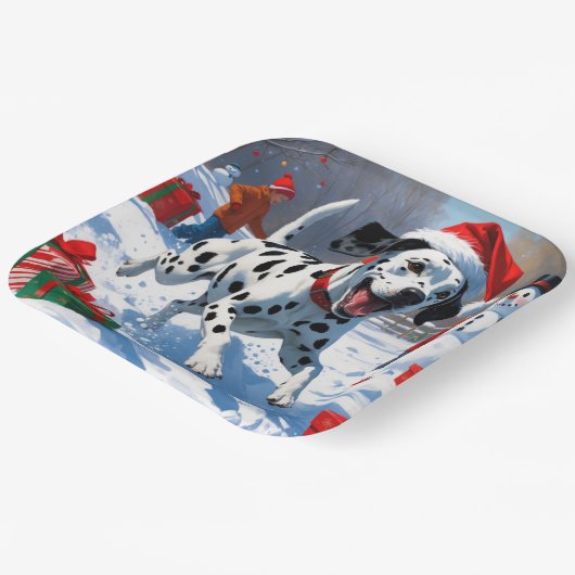 Dalmatiner läuft im Schnee mit Weihnachtshut Pappteller (Gewinkelt)