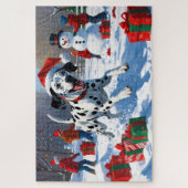 Dalmatiner läuft im Schnee mit Weihnachtshut Puzzle (Vertikal)