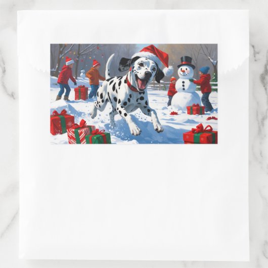 Dalmatiner läuft im Schnee mit Weihnachtshut Rechteckiger Aufkleber (Tasche)