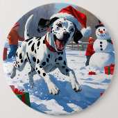 Dalmatiner läuft im Schnee mit Weihnachtsmütze Button (Vorderseite)