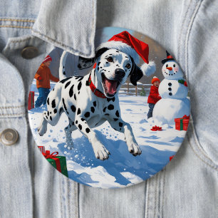 Dalmatiner läuft im Schnee mit Weihnachtsmütze Button