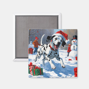 Dalmatiner läuft im Schnee mit Weihnachtsmütze Magnet