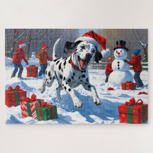 Dalmatiner läuft im Schnee mit Weihnachtsmütze Puzzle