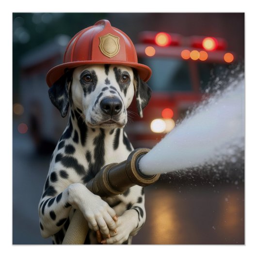 Dalmatiner mit Feuerwehrschlauch Poster (Vorderseite)