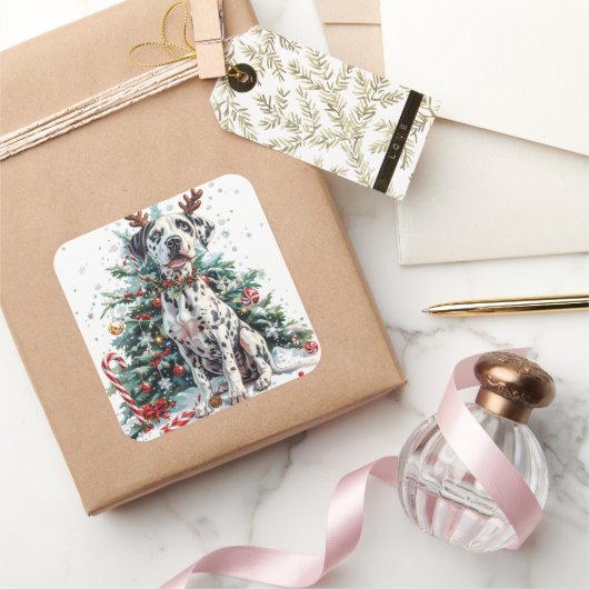 Dalmatiner mit Rentierfäusten am Weihnachtsbaum Quadratischer Aufkleber (Schenken)