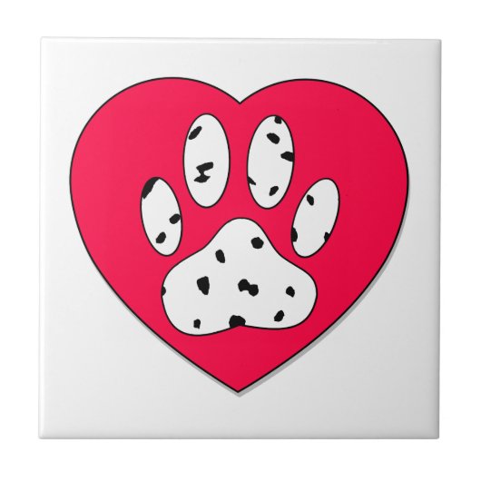 Dalmatiner Paw Print in rotem Herzen Fliese (Vorderseite)