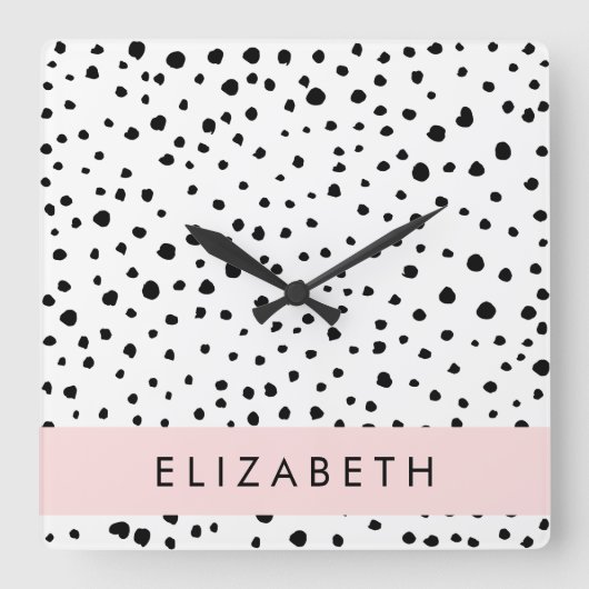 Dalmatiner Punkte, Punkte, schwarz und weiß, Ihr N Quadratische Wanduhr (Vorderseite)