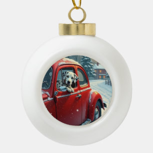Dalmatiner-Schneefahrt-Weihnachtsbild Keramik Kugel-Ornament