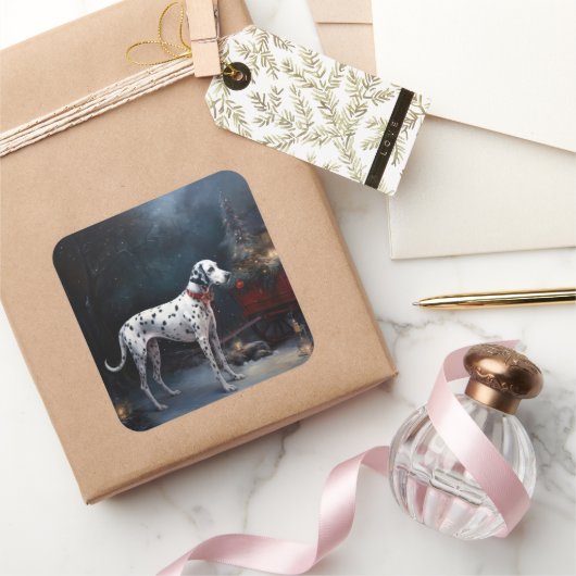 Dalmatiner Snowy Sleigh Weihnachtsdekor Quadratischer Aufkleber (Schenken)