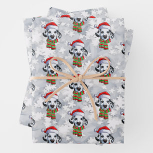 Dalmatiner Weihnachten mit Weihnachtsmannmütze und Geschenkpapier Set