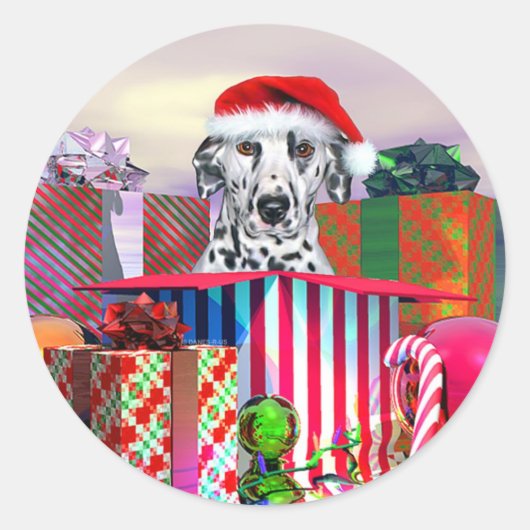 Dalmatiner Weihnachtsüberraschung Runder Aufkleber (Vorderseite)