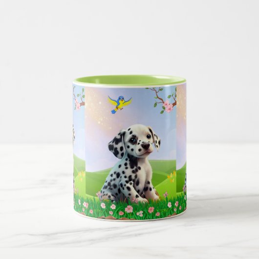 Dalmatiner Welpe sitzend in einem Kinderzimmer Zweifarbige Tasse (Mittel)