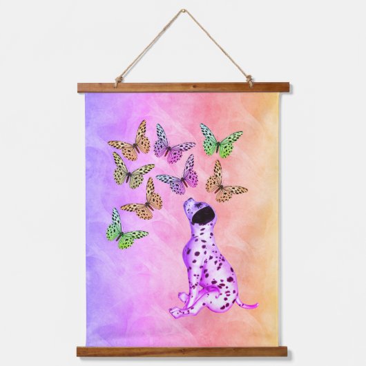 Dalmatiner Welpe und bunte Schmetterlinge Wandteppich Mit Holzrahmen (Vorderseite)