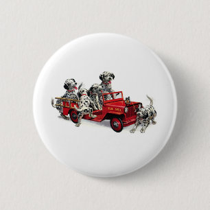 Dalmatiner-Welpen mit Feuerwehrwagen Button