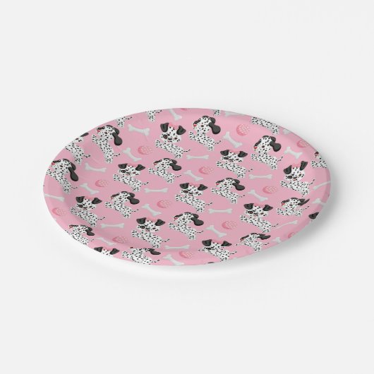 Dalmatiner Welpen Schwarze Flecken Rosa Spielzeug Pappteller (Schrägansicht)