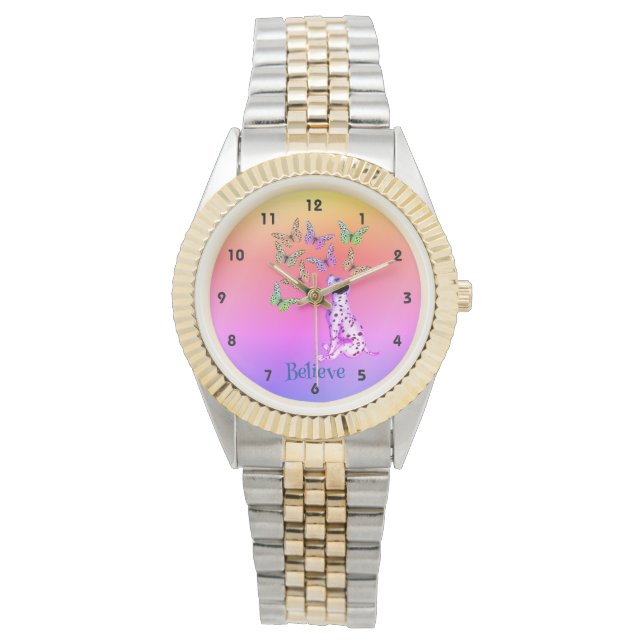 Dalmatiner Welpen und farbenfrohe Schmetterlinge g Armbanduhr (Vorderseite)