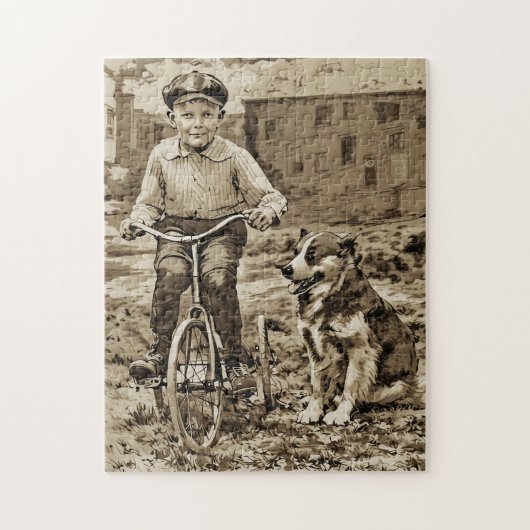 Damals Junge auf Fahrrad mit Hund Puzzle (Vertikal)