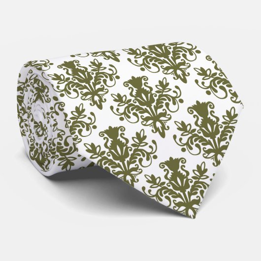Damask 02 Muster - Deep Olive on White Krawatte (Gerollt)
